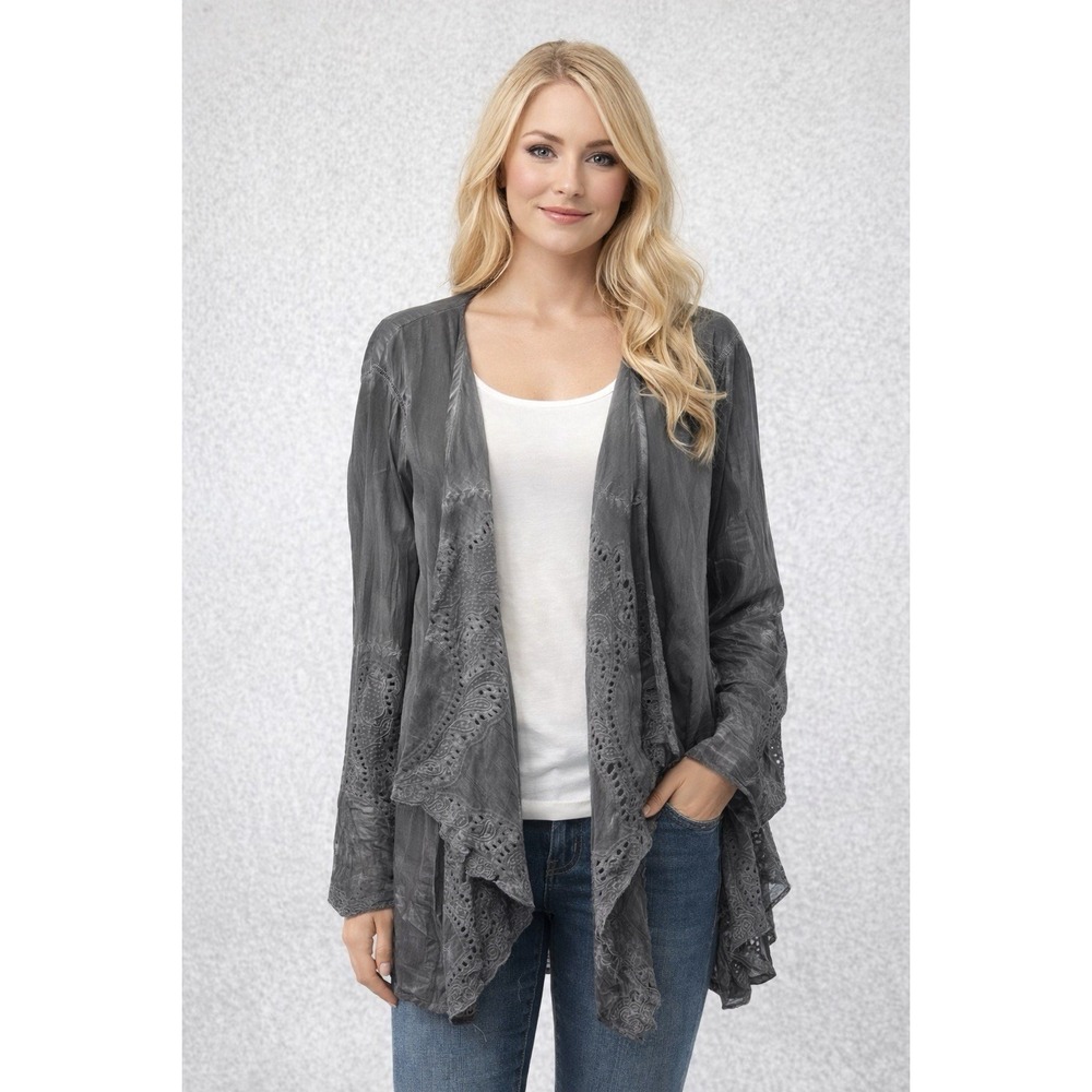 Greater Good Women L/XL Hand Dyed Waterfall Cardigan Gray Eyelet Embroidered NEW